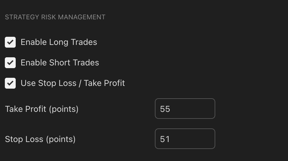 RivetAlgo Strategy Risk Management settings with long trades, short trades, stop loss, and take profit enabled