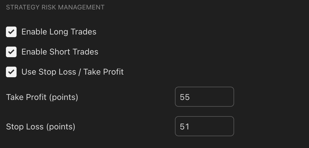 RivetAlgo Strategy Risk Management setting showing long trades, short trades, stop loss and take profit enabled