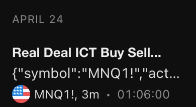TradingView alert notification for Real Deal ICT Buy Sell on MNQ at 01:06