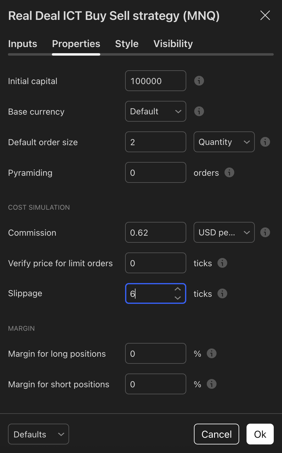 TradingView strategy properties showing MNQ order size, commission, and slippage settings